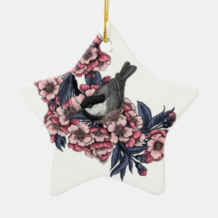 Chickadee on a blooming cherry branch ceramic ornament