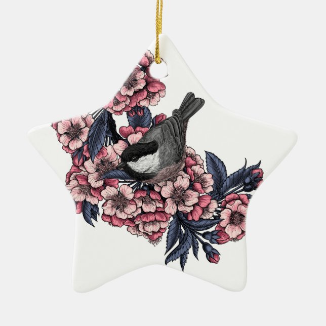 Chickadee on a blooming cherry branch ceramic ornament (Front)