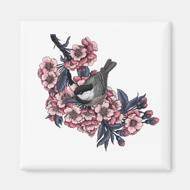 Chickadee on a blooming cherry branch magnet (Front)