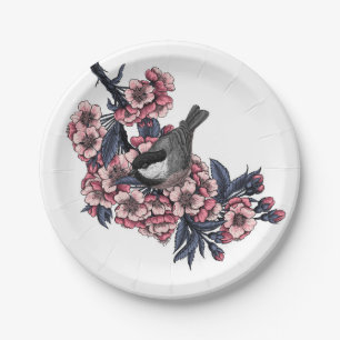 Chickadee on a blooming cherry branch paper plate