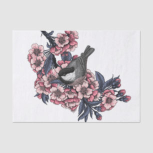 Chickadee on a blooming cherry branch tissue paper