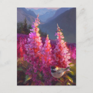 Chickadee on Alaskan Wildflowers With Mountains Postcard