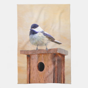 Chickadee on Birdhouse Painting - Original Bird Ar Kitchen Towel