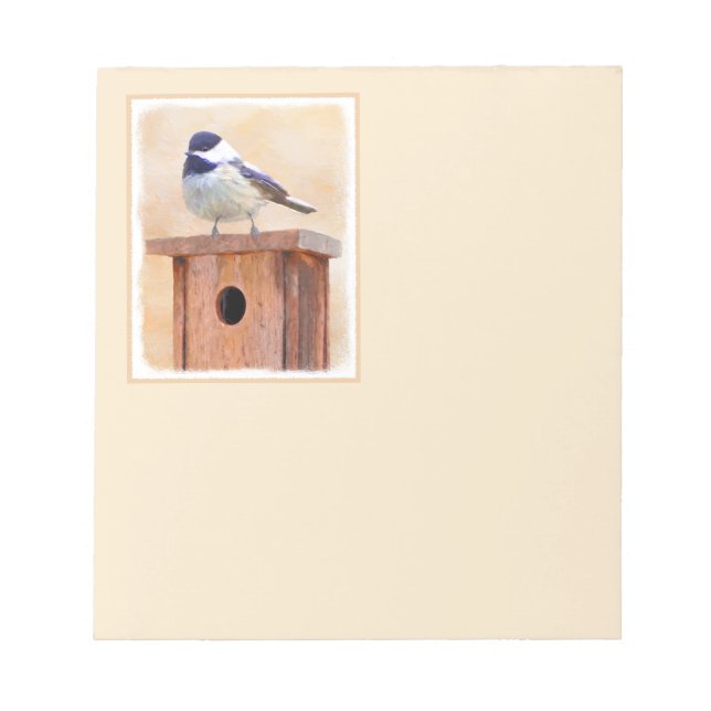 Chickadee on Birdhouse Painting - Original Bird Ar Notepad (Front)