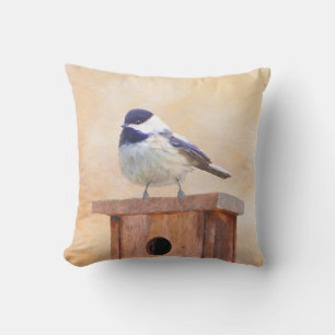 Chickadee on Birdhouse Painting - Original Bird Ar Outdoor Pillow