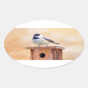 Chickadee on Birdhouse Painting - Original Bird Ar Oval Sticker