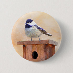 Chickadee on Birdhouse Painting Original Bird Art 2 Inch Round Button
