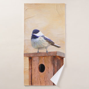 Chickadee on Birdhouse Painting Original Bird Art Bath Towel Set