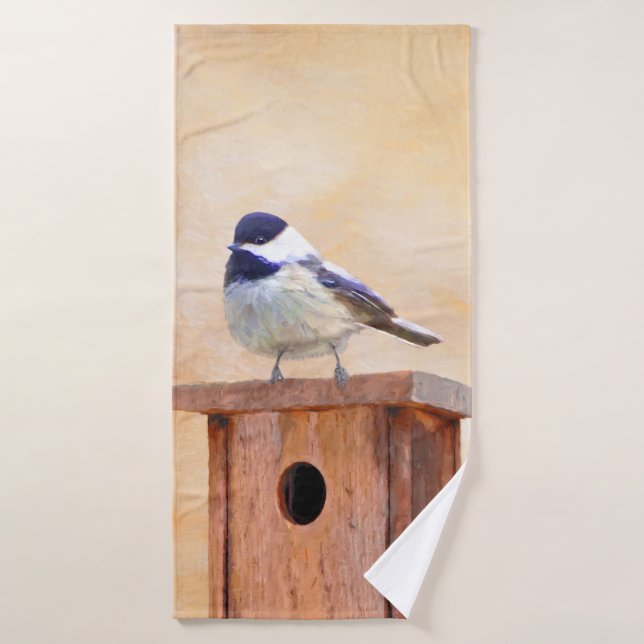 Chickadee on Birdhouse Painting Original Bird Art Bath Towel Set (Bath Towel)