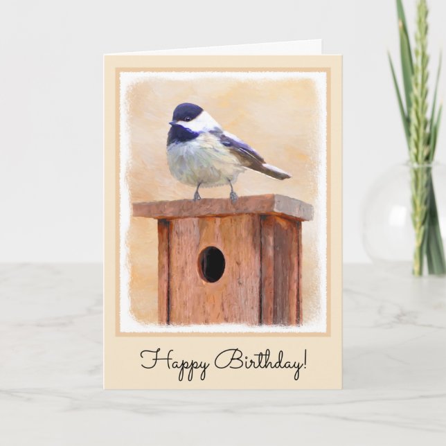 Chickadee on Birdhouse Painting Original Bird Art Card (Front)