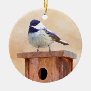 Chickadee on Birdhouse Painting Original Bird Art Ceramic Ornament