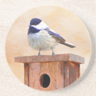 Chickadee on Birdhouse Painting Original Bird Art Coaster