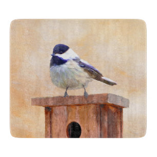 Chickadee on Birdhouse Painting Original Bird Art Cutting Board