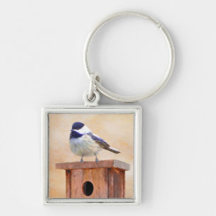 Chickadee on Birdhouse Painting Original Bird Art Keychain