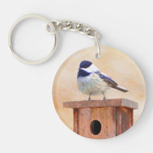 Chickadee on Birdhouse Painting Original Bird Art Keychain