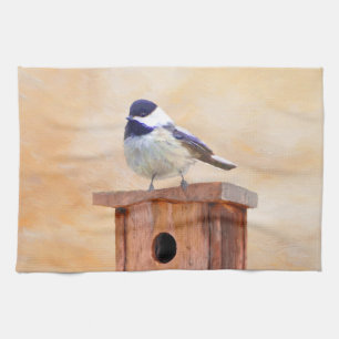 Chickadee on Birdhouse Painting Original Bird Art Kitchen Towel