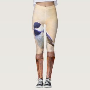 Chickadee on Birdhouse Painting Original Bird Art Leggings