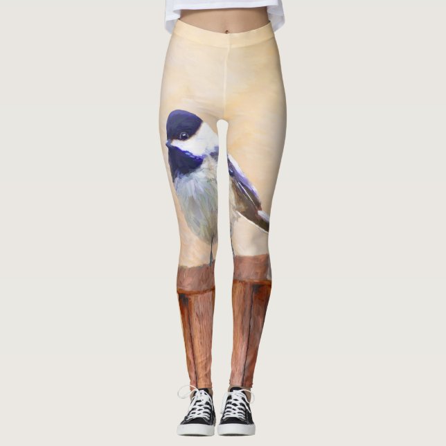 Chickadee on Birdhouse Painting Original Bird Art Leggings (Front)