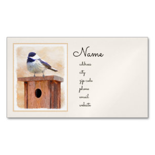 Chickadee on Birdhouse Painting Original Bird Art Magnetic Business Card