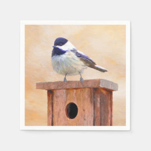 Chickadee on Birdhouse Painting Original Bird Art Napkin