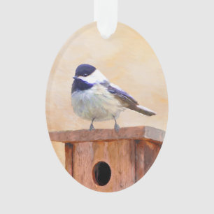 Chickadee on Birdhouse Painting Original Bird Art Ornament