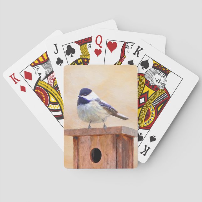 Chickadee on Birdhouse Painting Original Bird Art Playing Cards (Back)