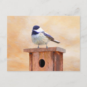 Chickadee on Birdhouse Painting Original Bird Art Postcard