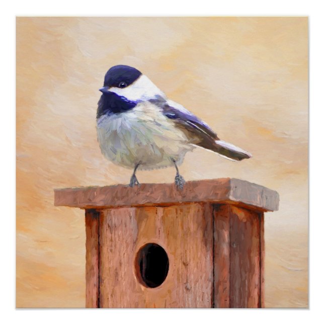 Chickadee on Birdhouse Painting Original Bird Art Poster (Front)