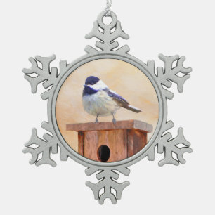 Chickadee on Birdhouse Painting Original Bird Art Snowflake Pewter Christmas Ornament