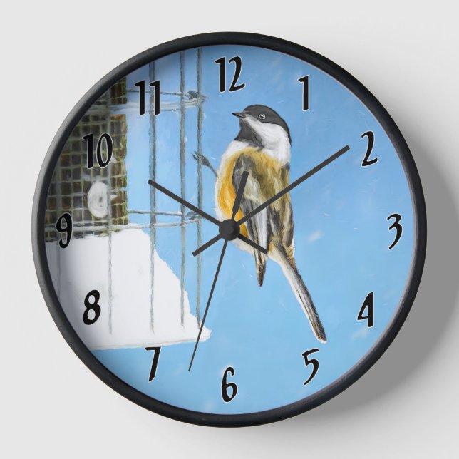 Chickadee on Feeder - Original Wild Bird Art Clock (Front)