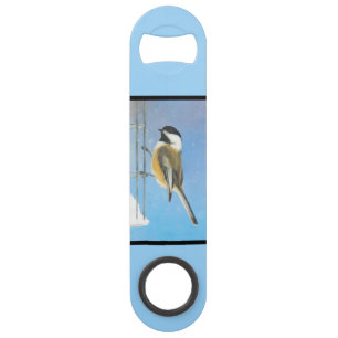 Chickadee on Feeder Painting - Original Bird Art Bar Key