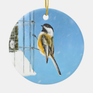 Chickadee on Feeder Painting - Original Bird Art Ceramic Ornament
