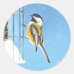 Chickadee on Feeder Painting - Original Bird Art Classic Round Sticker