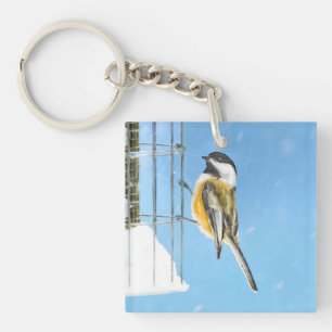 Chickadee on Feeder Painting - Original Bird Art Keychain