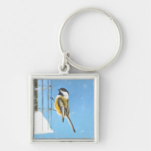 Chickadee on Feeder Painting - Original Bird Art Keychain