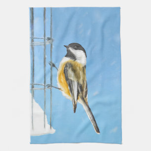 Chickadee on Feeder Painting - Original Bird Art Kitchen Towel