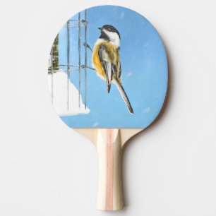 Chickadee on Feeder Painting - Original Bird Art Ping Pong Paddle