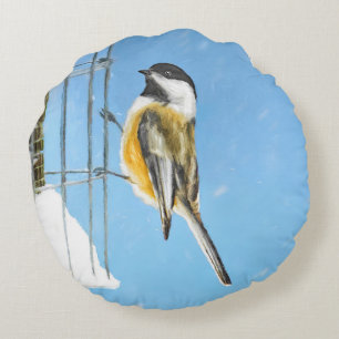Chickadee on Feeder Painting - Original Bird Art Round Pillow