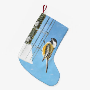 Chickadee on Feeder Painting - Original Bird Art Small Christmas Stocking