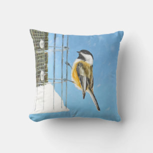 Chickadee on Feeder Painting - Original Bird Art Throw Pillow