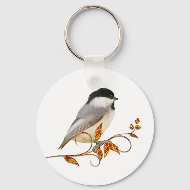 Chickadee on Jewelled Leaves Keychain (Front)
