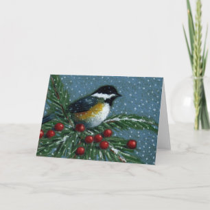 CHICKADEE ON SNOWY PINE BRANCH HOLIDAY CARD
