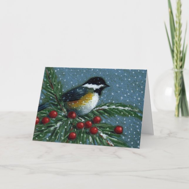 CHICKADEE ON SNOWY PINE BRANCH HOLIDAY CARD (Front)