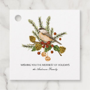 Chickadee Pine Branch Holly Christmas Gift Favour Tags