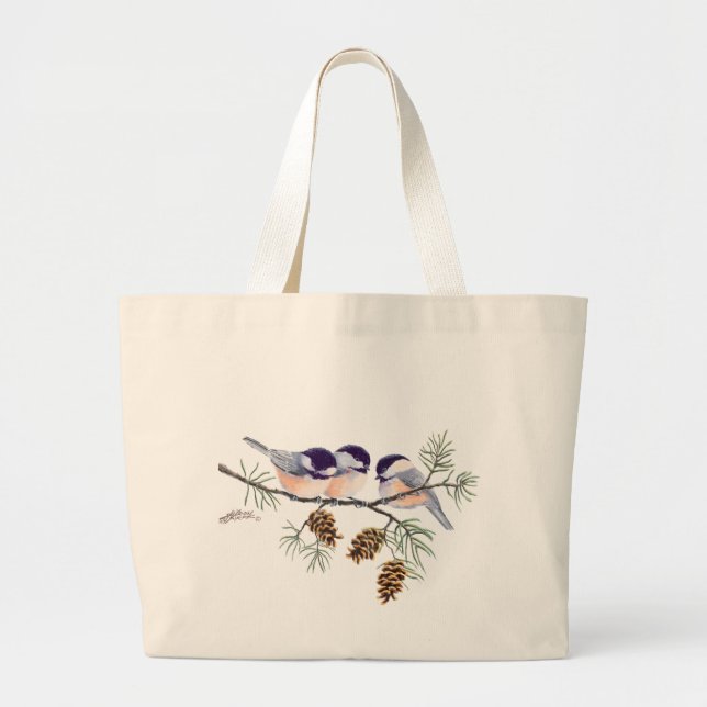 CHICKADEE & PINE CONES by SHARON SHARPE Large Tote Bag (Front)