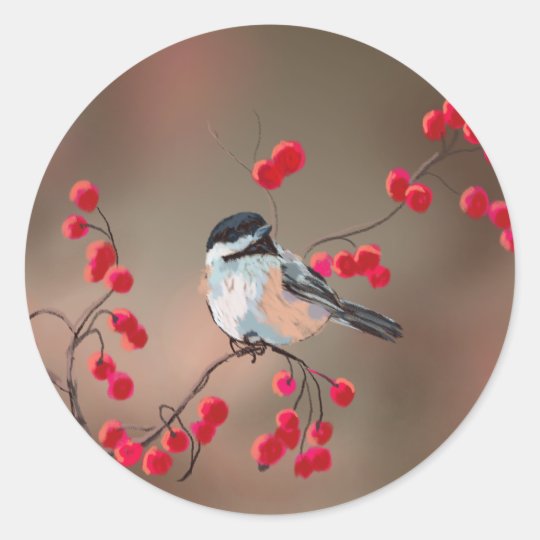 CHICKADEE & RED BERRIES by SHARON SHARPE Classic Round Sticker
