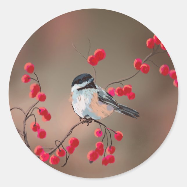 CHICKADEE & RED BERRIES by SHARON SHARPE Classic Round Sticker (Front)