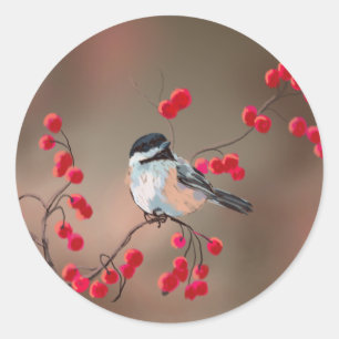 CHICKADEE & RED BERRIES by SHARON SHARPE Classic Round Sticker