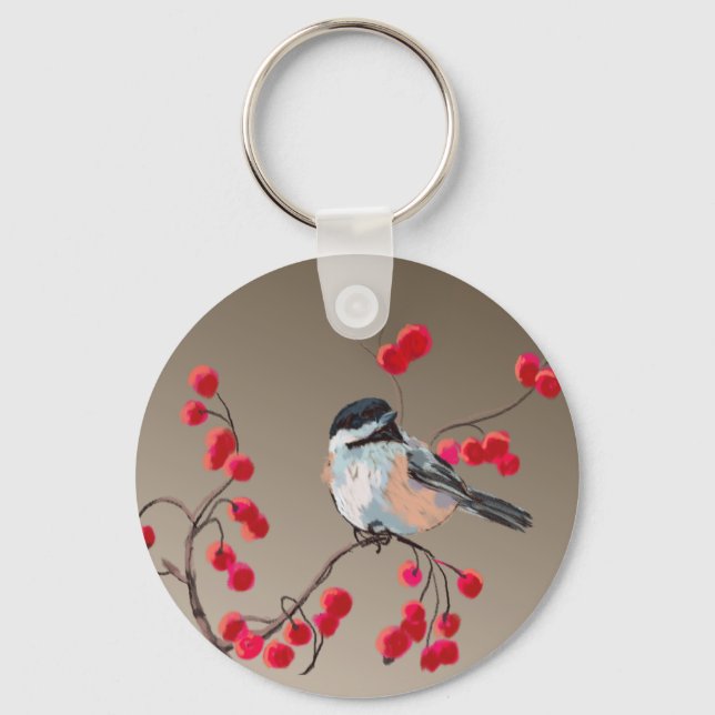 CHICKADEE & RED BERRIES by SHARON SHARPE Keychain (Front)