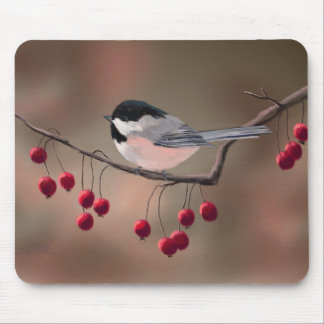 CHICKADEE & RED BERRIES by SHARON SHARPE Mouse Pad